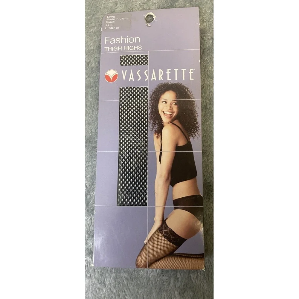 Vassarette Fashion Thigh Highs 4420 Black Fishnets Size MLong New